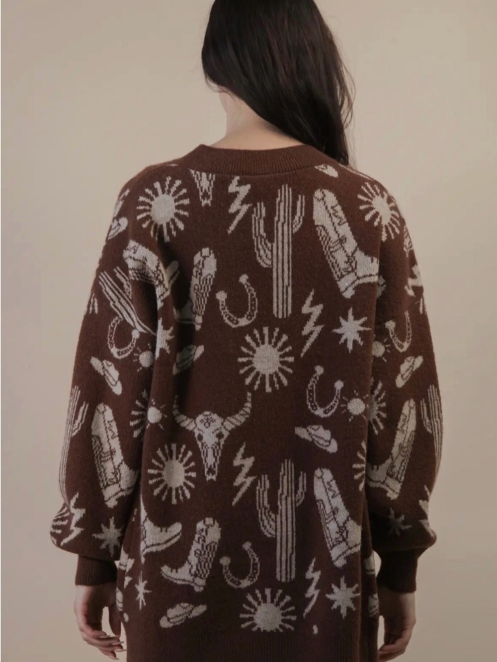 Brown Western Motif Women's Knit Sweater